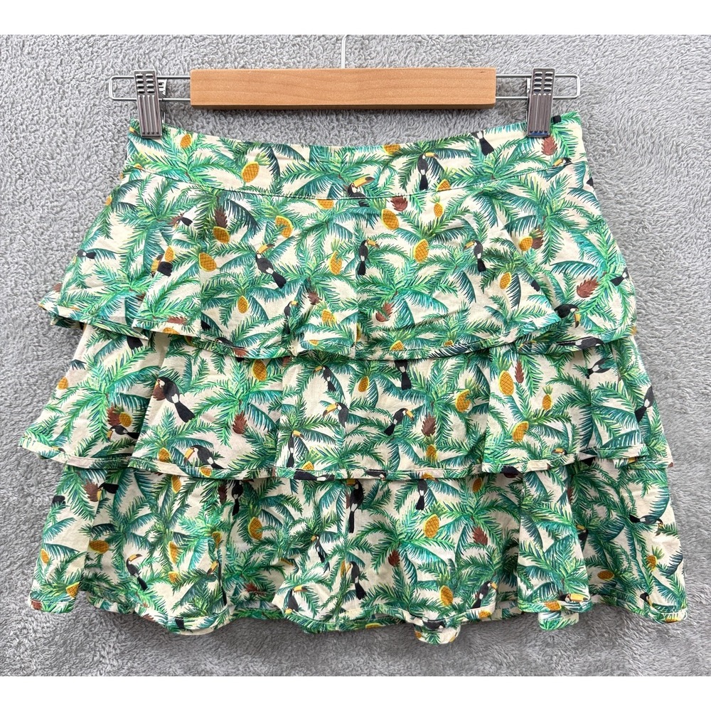 Farm Rio Mini Skirt Womens XS Green Toucan Pineapple Tropical Ruffled Layered